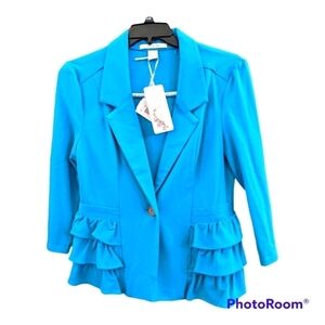 NEW Nick & Mo teal button ruffle one button jacket Size medium Cute